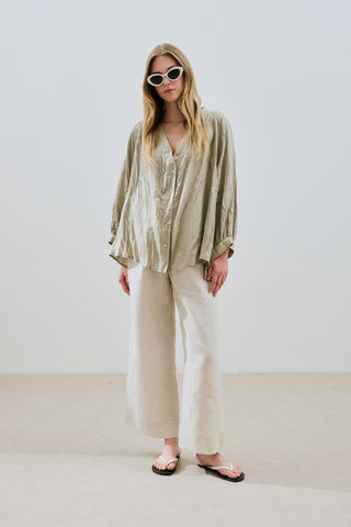Crushed Linen Button Blouse Green