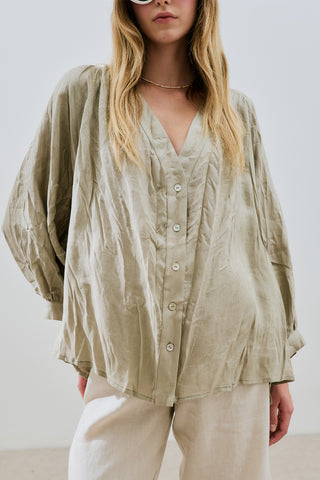 Crushed Linen Button Blouse Green