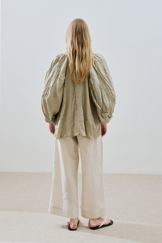 Crushed Linen Button Blouse Green