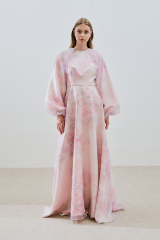 Ulla Patterned Organza Evening Dress Powder