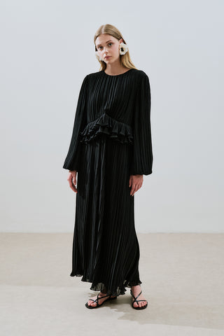 Mila Pleated Tiered Dress Black