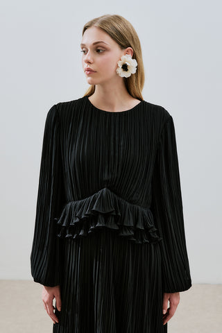Mila Pleated Tiered Dress Black