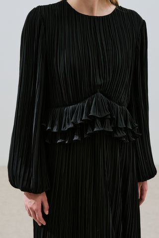 Mila Pleated Tiered Dress Black