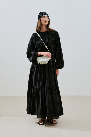 Ruched Tie Long Sleeve Dress Black