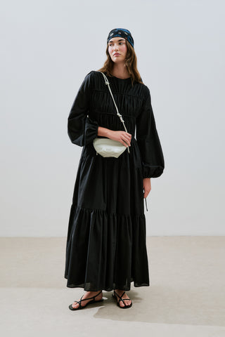 Ruched Tie Long Sleeve Dress Black