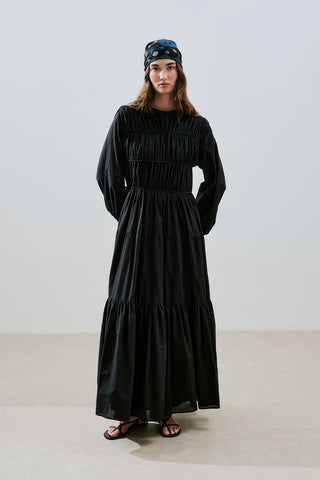 Ruched Tie Long Sleeve Dress Black