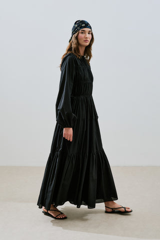 Ruched Tie Long Sleeve Dress Black