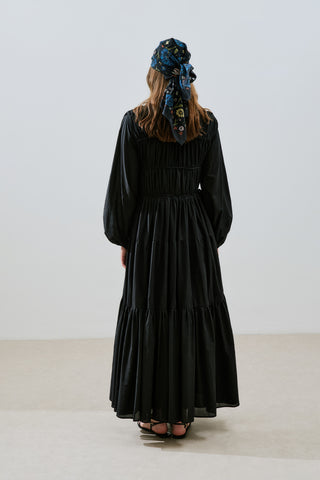 Ruched Tie Long Sleeve Dress Black