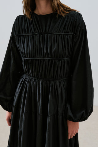 Ruched Tie Long Sleeve Dress Black