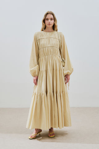Ruched Tie Long Sleeve Dress Pastel Yellow