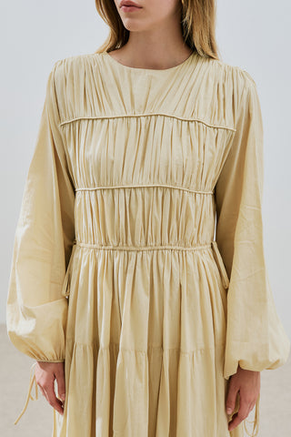 Ruched Tie Long Sleeve Dress Pastel Yellow
