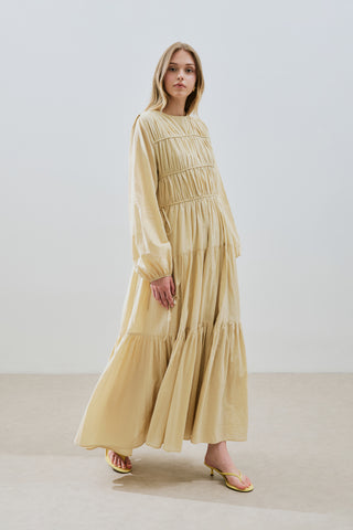 Ruched Tie Long Sleeve Dress Pastel Yellow