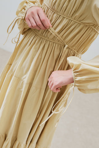 Ruched Tie Long Sleeve Dress Pastel Yellow