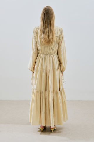 Ruched Tie Long Sleeve Dress Pastel Yellow