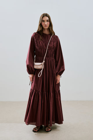 Ruched Tie Long Sleeve Dress Burgundy