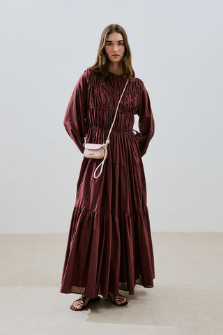 Ruched Tie Long Sleeve Dress Burgundy