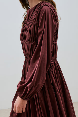Ruched Tie Long Sleeve Dress Burgundy