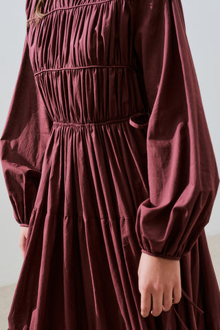 Ruched Tie Long Sleeve Dress Burgundy