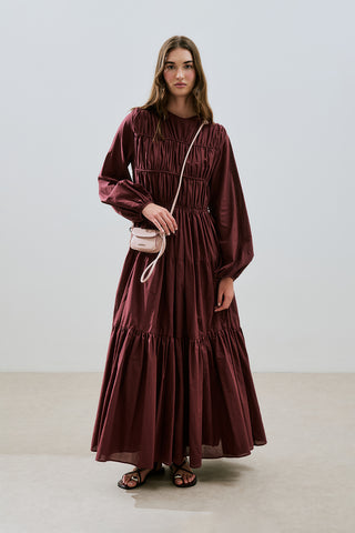Ruched Tie Long Sleeve Dress Burgundy