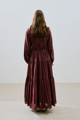 Ruched Tie Long Sleeve Dress Burgundy