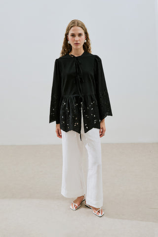 Embroidered Tie Tunic Black