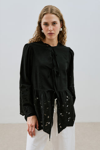Embroidered Tie Tunic Black