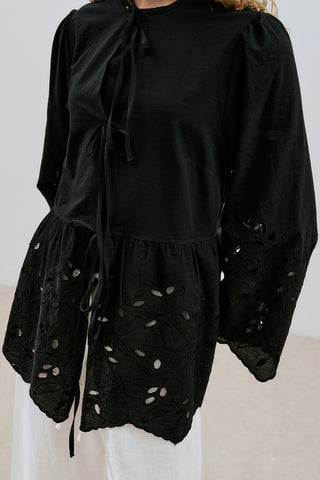 Embroidered Tie Tunic Black