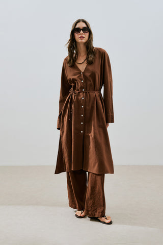 Textured Button Longline Tunic Brown