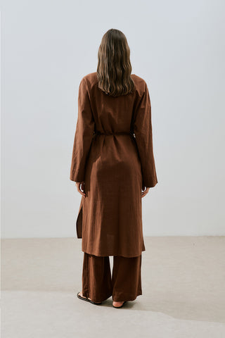 Textured Button Longline Tunic Brown