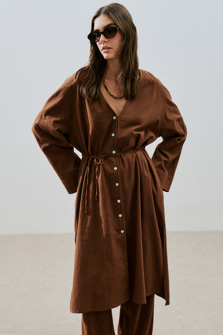 Textured Button Longline Tunic Brown