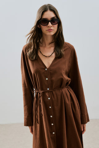 Textured Button Longline Tunic Brown