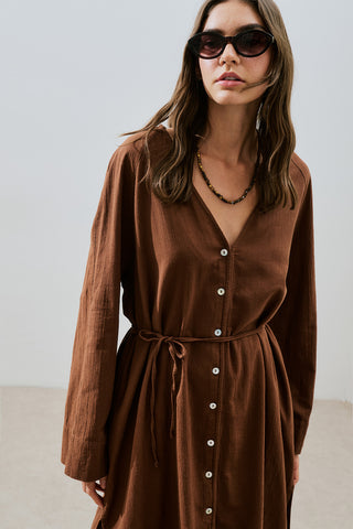Textured Button Longline Tunic Brown