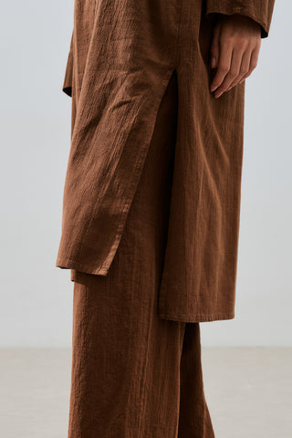 Textured Button Longline Tunic Brown