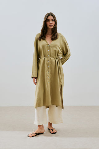 Textured Button Longline Tunic Khaki