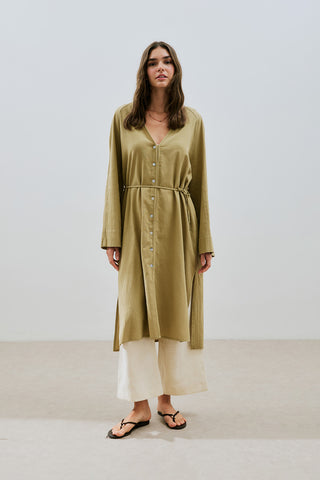 Textured Button Longline Tunic Khaki