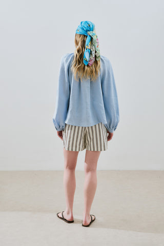 Lightweight Linen Gathered Neck Shirt Blue