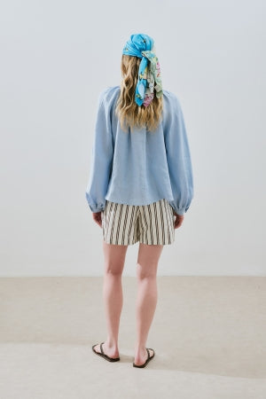 Lightweight Linen Gathered Neck Shirt Blue