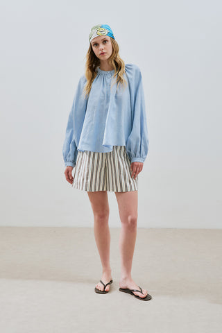 Lightweight Linen Gathered Neck Shirt Blue