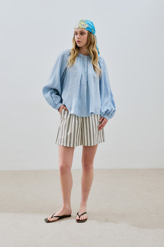 Lightweight Linen Gathered Neck Shirt Blue