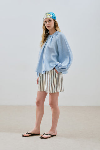 Lightweight Linen Gathered Neck Shirt Blue