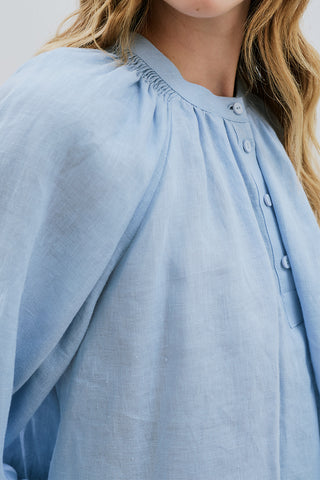 Lightweight Linen Gathered Neck Shirt Blue
