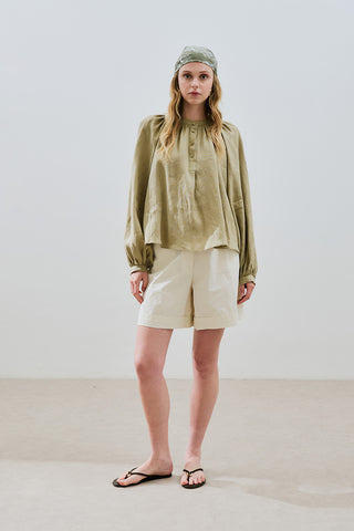 Lightweight Linen Gathered Neck Shirt Khaki