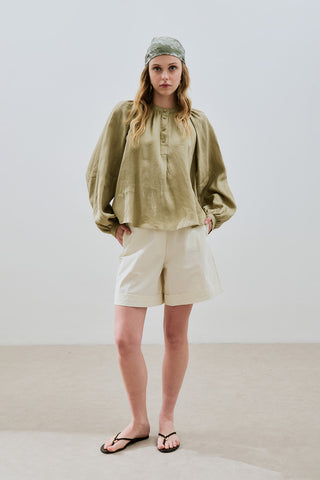 Lightweight Linen Gathered Neck Shirt Khaki