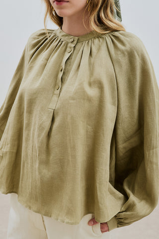 Lightweight Linen Gathered Neck Shirt Khaki