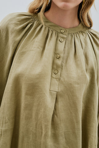 Lightweight Linen Gathered Neck Shirt Khaki