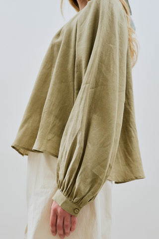 Lightweight Linen Gathered Neck Shirt Khaki
