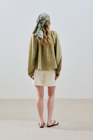 Lightweight Linen Gathered Neck Shirt Khaki