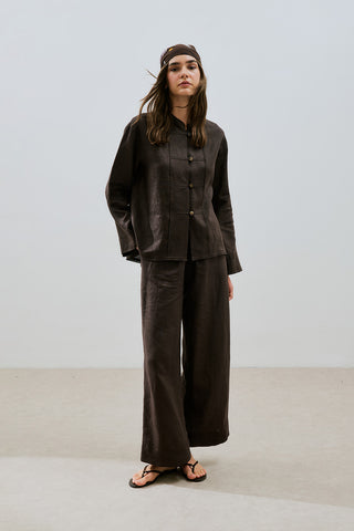 Linen Front Button Shirt Dark Brown