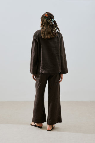 Linen Front Button Shirt Dark Brown