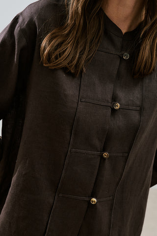 Linen Front Button Shirt Dark Brown